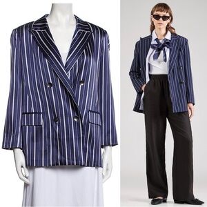 NWT L’AGENCE Silk Satin Navy Stripe Double Breasted Relaxed Fit Blazer Jacket S